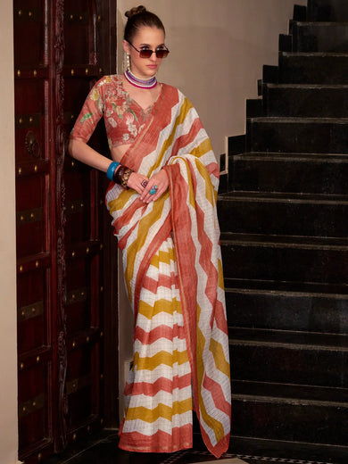 Dazzling Orange Printed Cotton Casual Wear Saree With Blouse